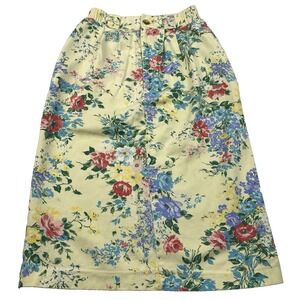 Vintage USA 80s Denim Skirt Floral Print Yellow‎ Rose Grannycore Size 24"x27"